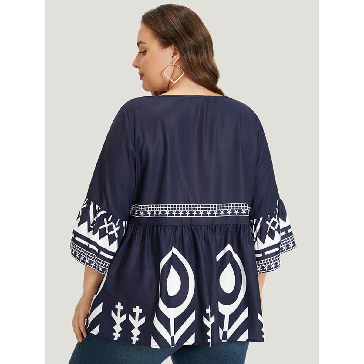 Plus Size Midnight Silhouette Floral Print Bell Sleeve Ruffle Hem Blouse Women Vacation Elbow-length sleeve V-neck Dailywear Blouses BloomChic 10/M Product Image