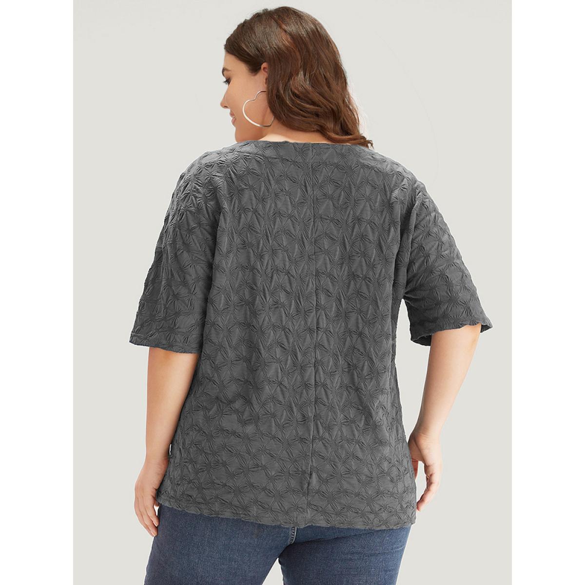 Plus Size Plain Textured V Neck Half Sleeve T-shirt Gray Women Elegant Texture Plain V-neck Dailywear T-shirts BloomChic 12/L Product Image