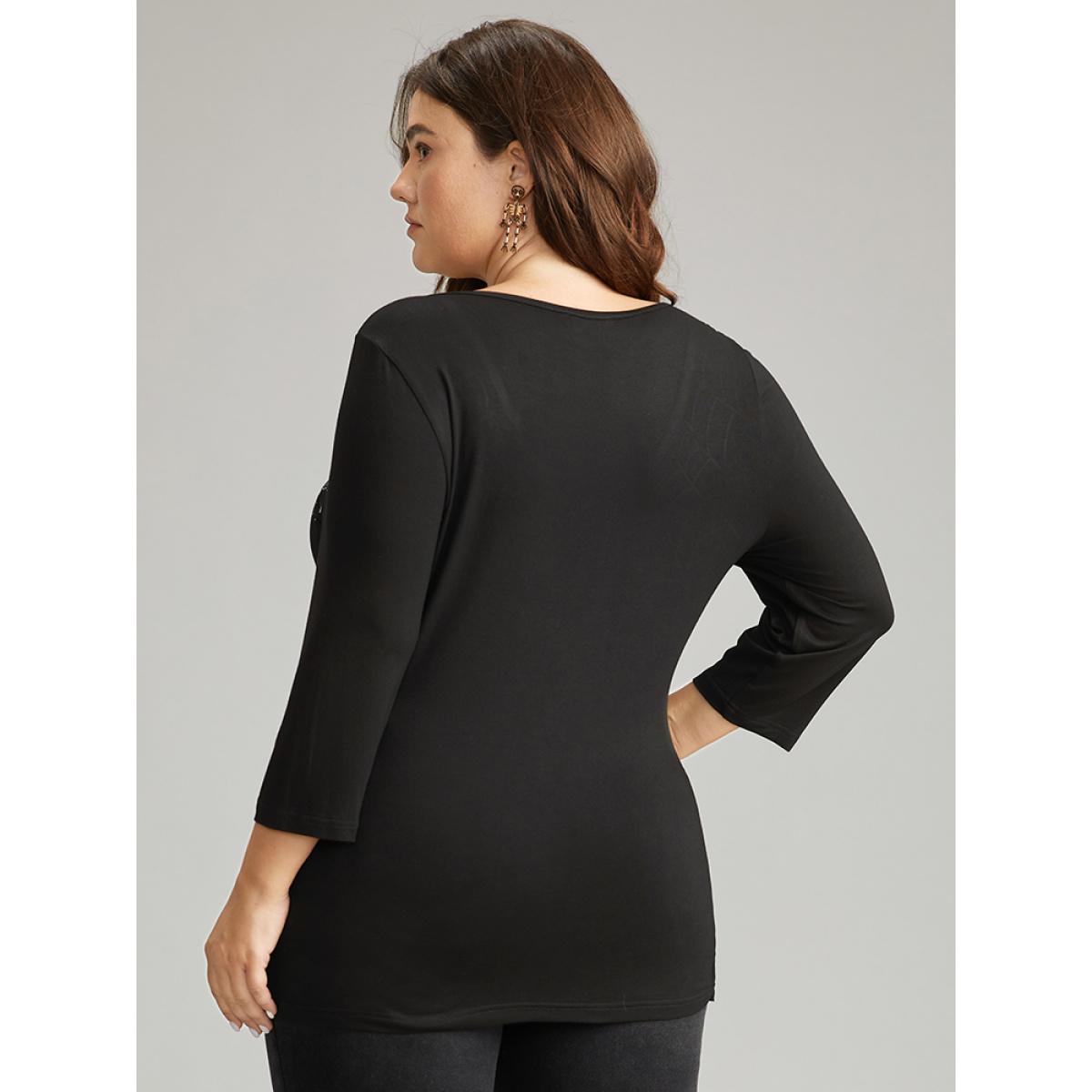 Plus Size Supersoft Essentials Halloween Graphic Rhinestone T-shirt Black Women Casual Rhinestone detailing Graphic-Halloween V-neck Festival-Halloween T-shirts BloomChic 26/4X Product Image