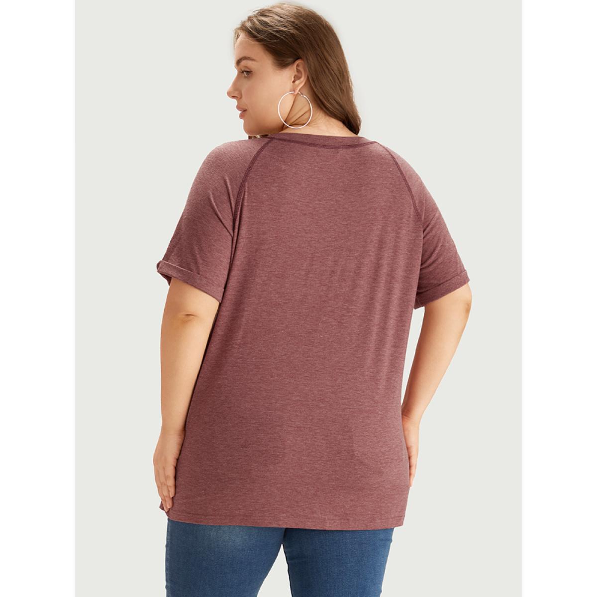 Plus Size Plain Crew Neck Stitch Roll Sleeve T-shirt Rust Women Casual Plain Plain Round Neck Dailywear T-shirts BloomChic 22-24/3X Product Image