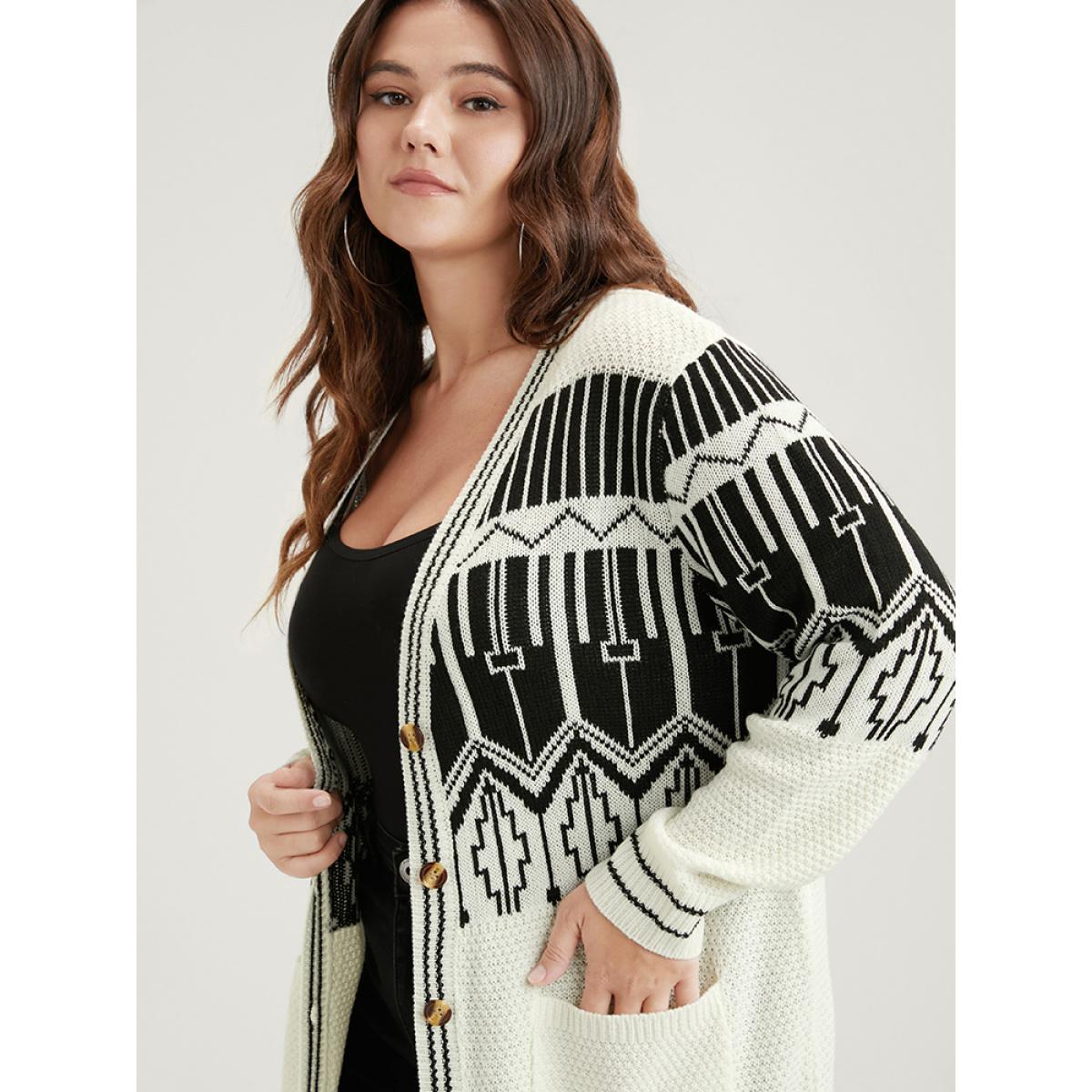 Plus Size Geometric Knitted Jacquard Contrast Pocket Button Front Cardigan White Women Elegant Loose Long Sleeve Dailywear Cardigans BloomChic 14-16/1X Product Image