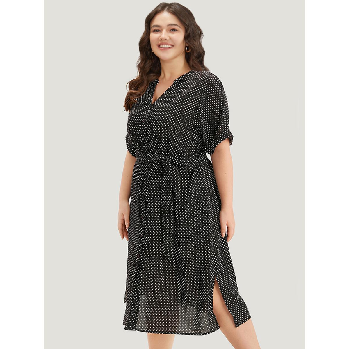 Plus Size Polka Dot Notched Split Hem Button Through Roll Sleeve Dress BlackFlower Women Office Belted Notched collar Short sleeve Curvy Midi Dress BloomChic 14-16/1X Product Image