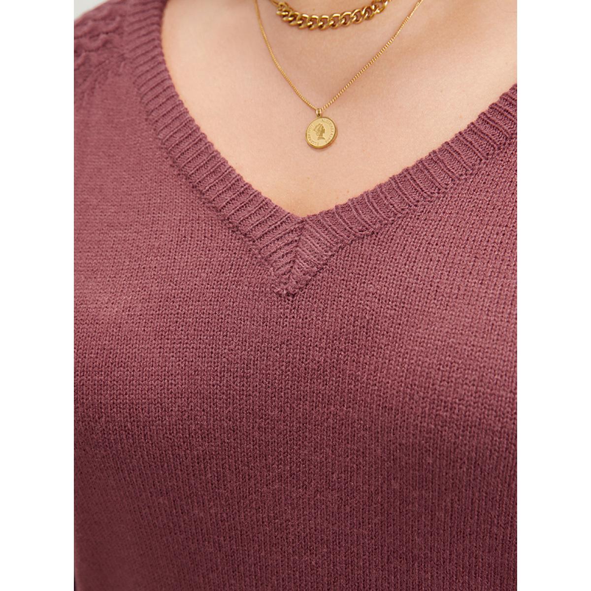 Plus Size Solid Pointelle Knit Lantern Sleeve Knit Top Russet Women Elegant Loose Long Sleeve V-neck Dailywear Pullovers BloomChic 22-24/3X Product Image