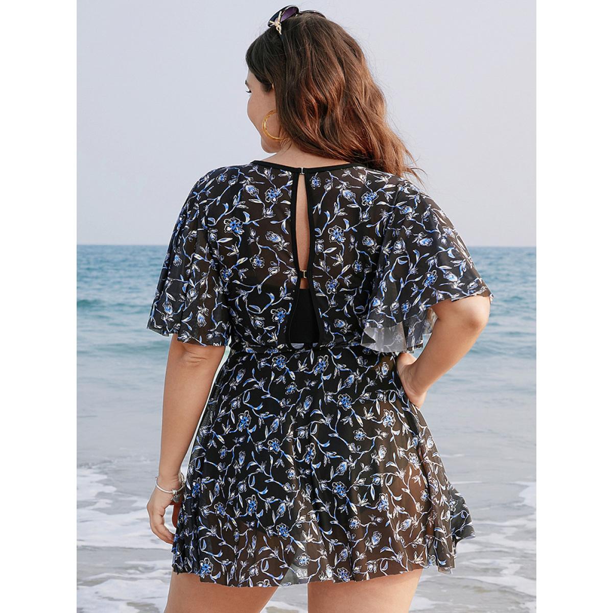 Plus Size Ditsy Floral Ruffle Sleeve Cut Out Swim Dress Women's Swimwear BlackFlower Resort Bodycon Round Neck High stretch Curve Swim Dresses BloomChic 10/M Product Image
