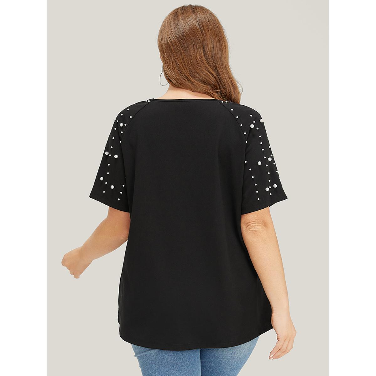 Plus Size Solid Raglan Sleeve Pearl Beaded T-shirt Black Women Elegant Beaded Plain Round Neck Dailywear T-shirts BloomChic 12/L Product Image