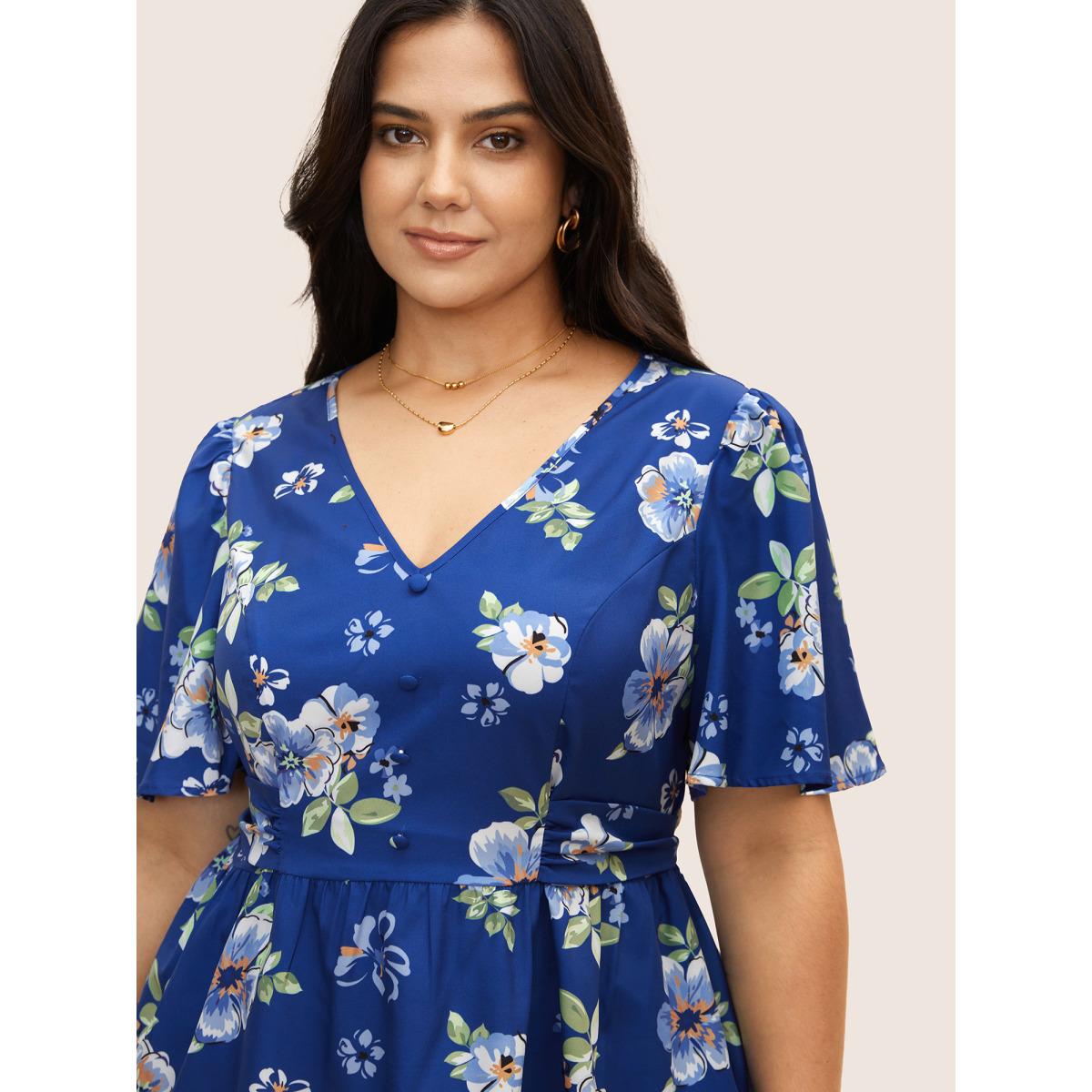 Plus Size Mediumblue Floral Print Ruched Ruffle Sleeve Blouse Women Elegant Short sleeve V-neck Everyday Blouses BloomChic 28/5X Product Image