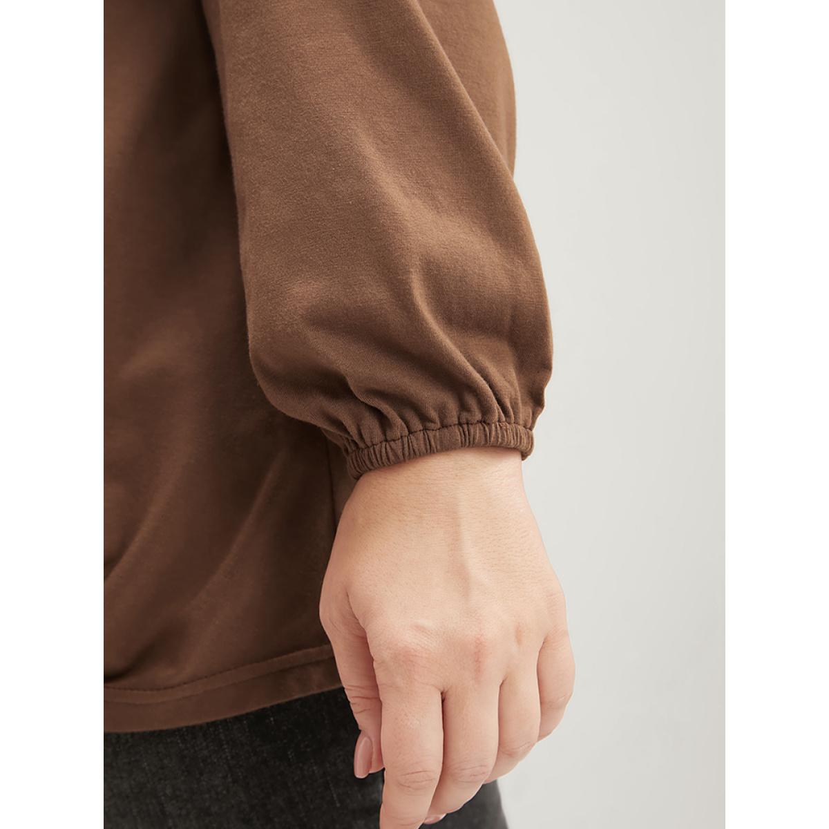 Plus Size Leopard Patchwork Lantern Sleeve Twist Front Sweatshirt Women DarkBrown Elegant Contrast Round Neck Dailywear Sweatshirts BloomChic 28/5X Product Image