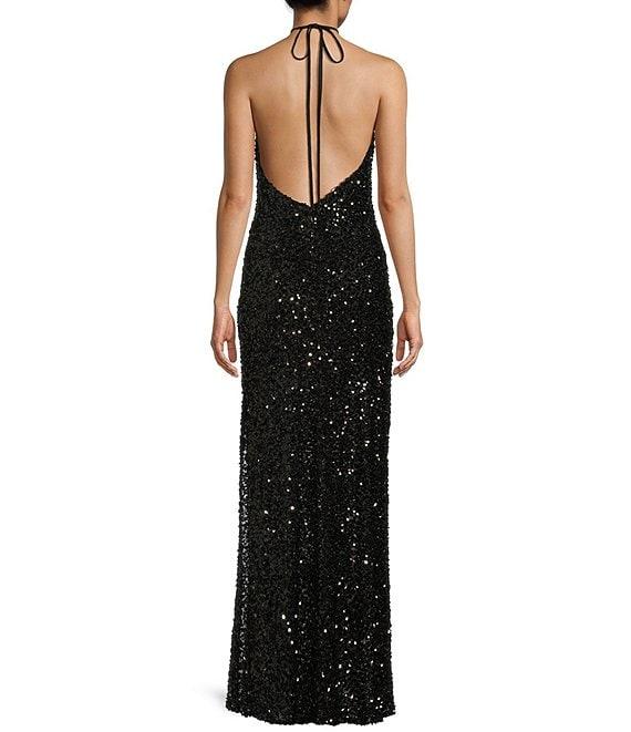 Morgan & Co. Clustered Beaded Sequin Halter Tie Neck Dress Product Image