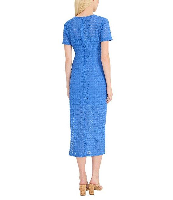 Donna Morgan Short Sleeve Illusion Hem Crochet Sheath Midi Dress Product Image