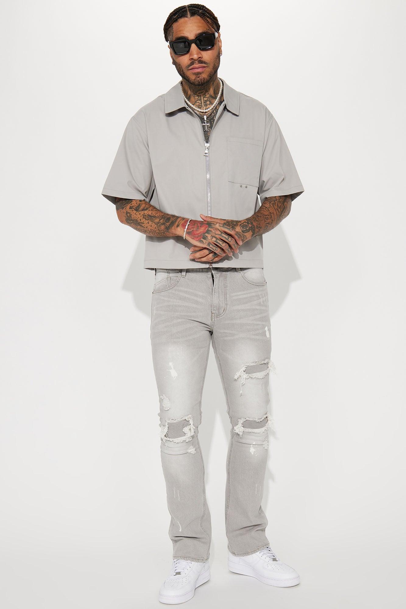 Ripped Stacked Skinny Flare Jeans - Grey Product Image