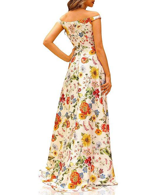 Terani Couture Off-The-Shoulder Floral Print Satin A-line Gown Product Image