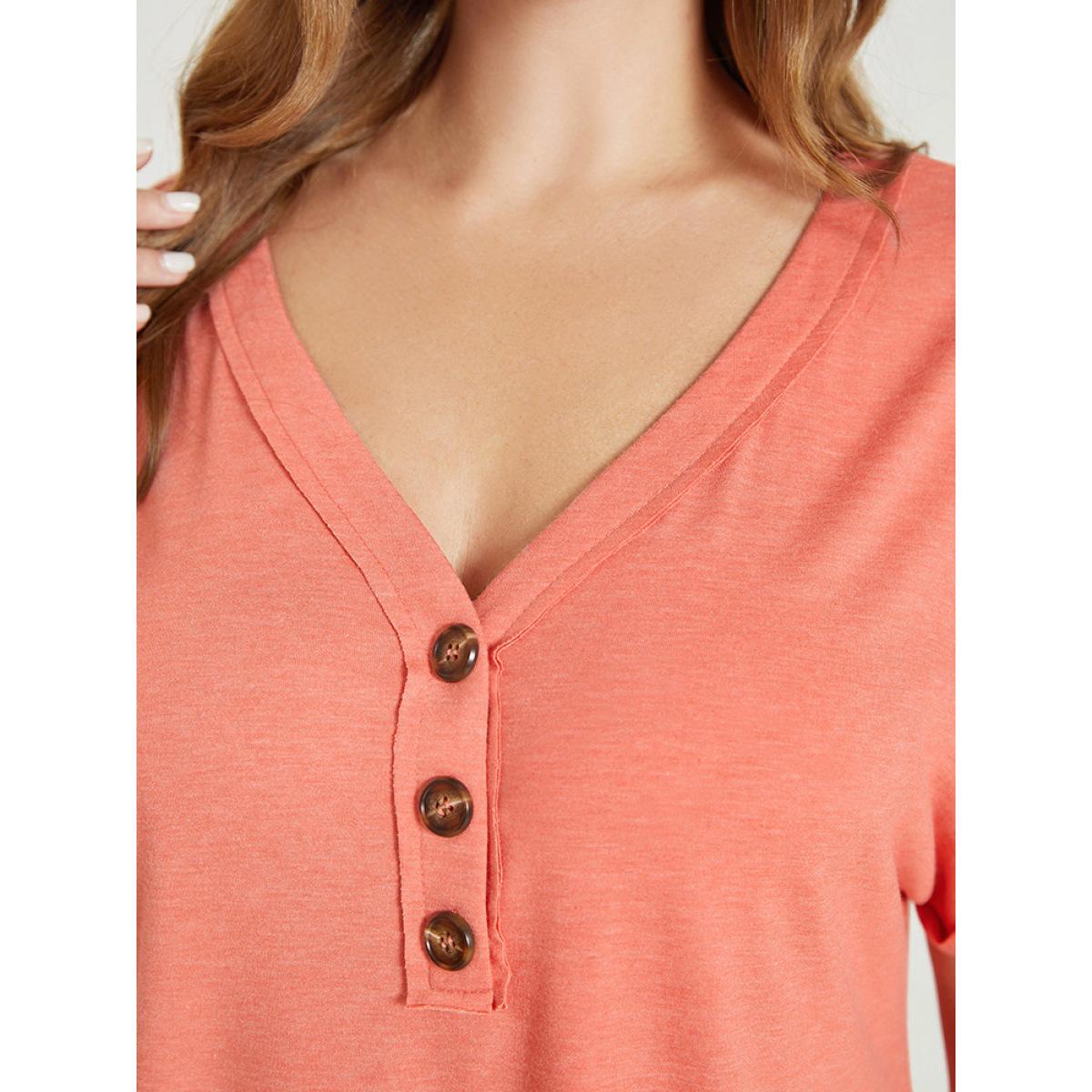 Plus Size Plain Button Detail Roll Dolman Sleeve T-shirt Coral Women Casual Plain V-neck Dailywear T-shirts BloomChic 26/4X Product Image