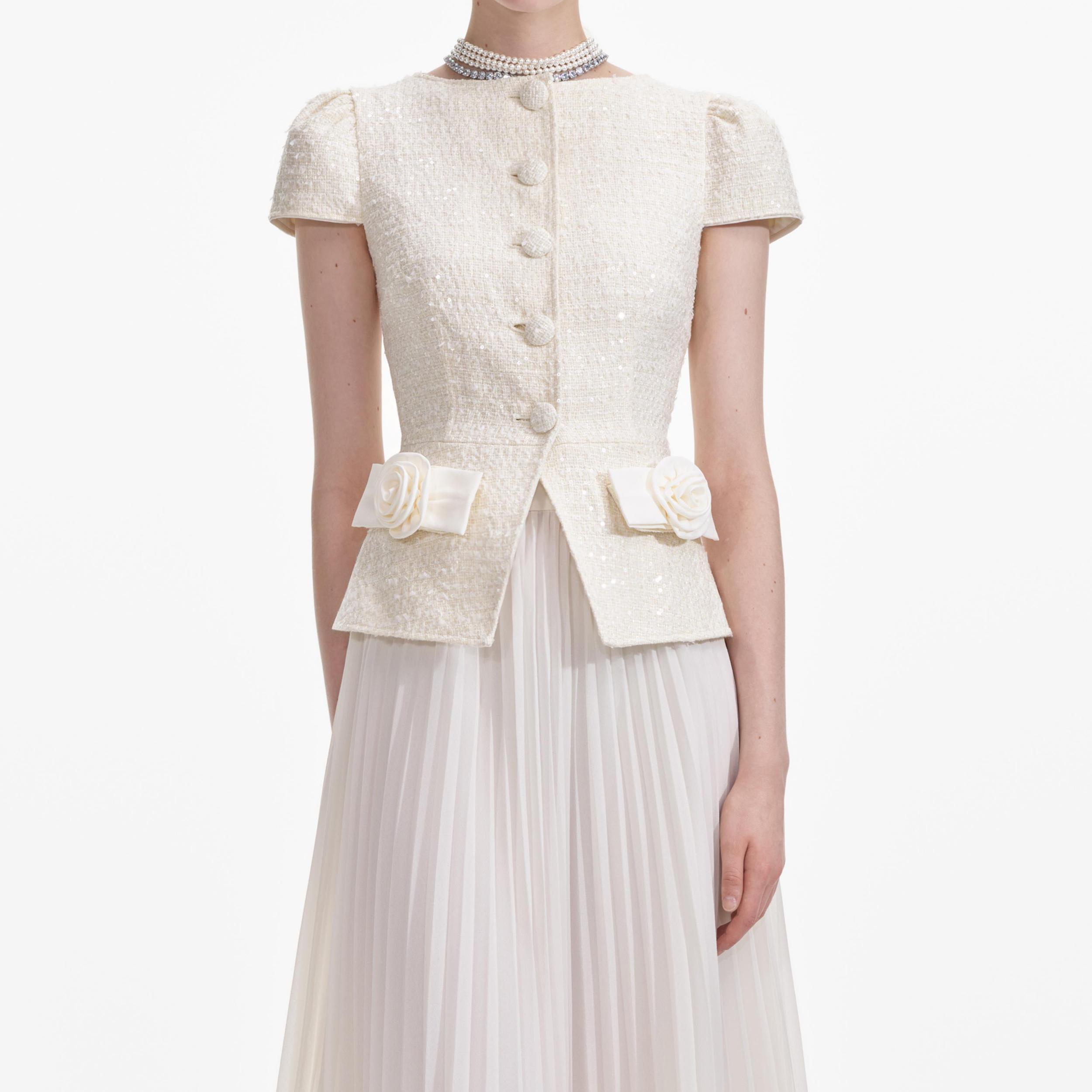 Cream Boucle Bow Detail Midi Dress Product Image