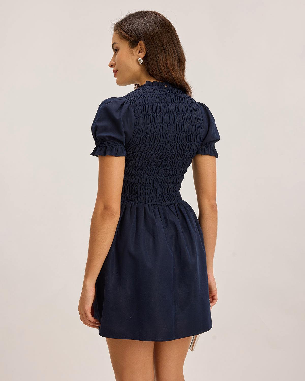 Blue Shirred Puffed Sleeve Mini Dress Product Image