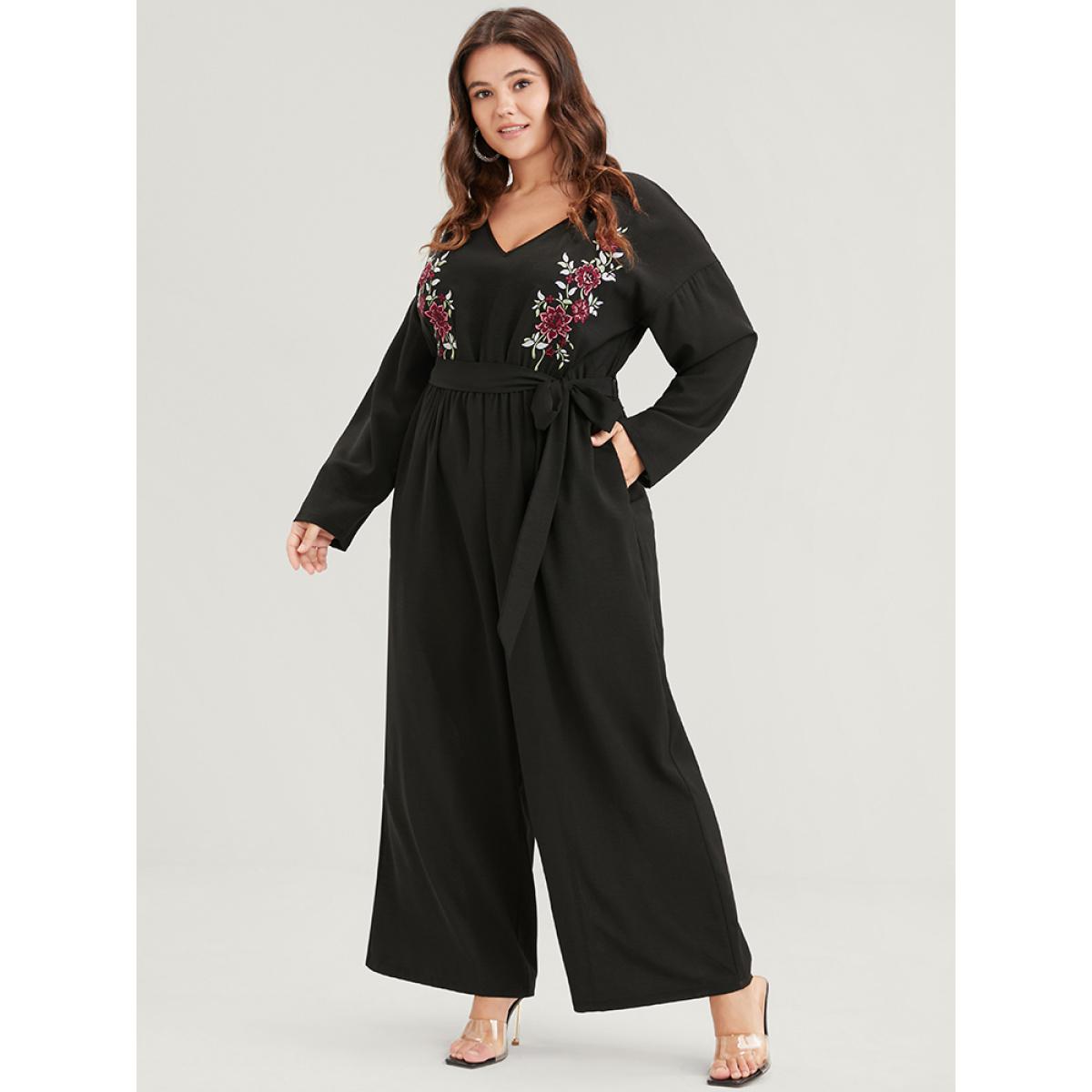 Plus Size Black Solid Embroidered Pocket Belted Jumpsuit Women Elegant Long Sleeve V-neck Dailywear Loose Jumpsuits BloomChic 14-16/1X Product Image