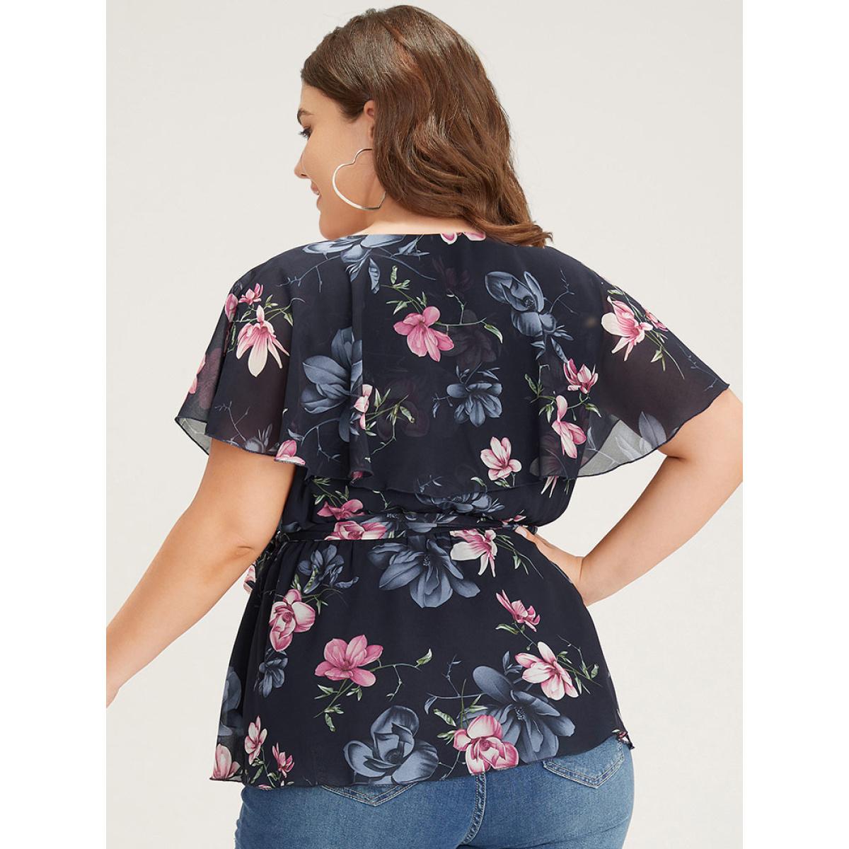 Plus Size Multicolor Floral Split Batwing Sleeve Wrap Mesh Belted Blouse Women Glamour Cap Sleeve Deep V-neck Going out Blouses BloomChic 28/5X Product Image