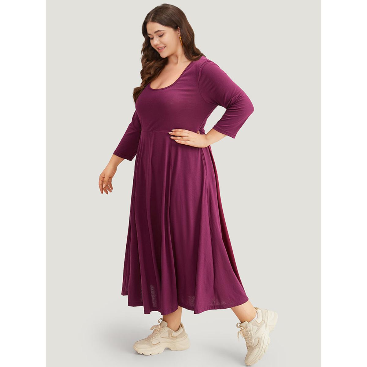 Plus Size Supersoft Essentials Scoop Neck Pleated Dress RedViolet Women Casual Plain Scoop Neck Elbow-length sleeve Curvy Midi Dress BloomChic 12/L Product Image