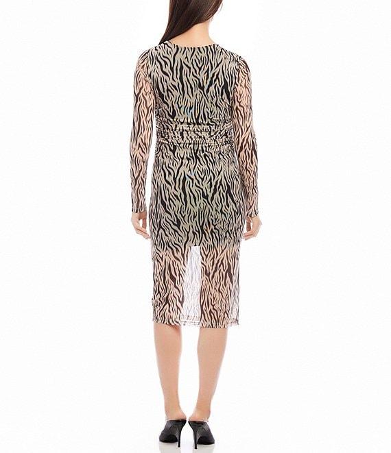 Karen Kane Zebra Stretch Mesh Scoop Neck Long Sleeve Midi Dress Product Image