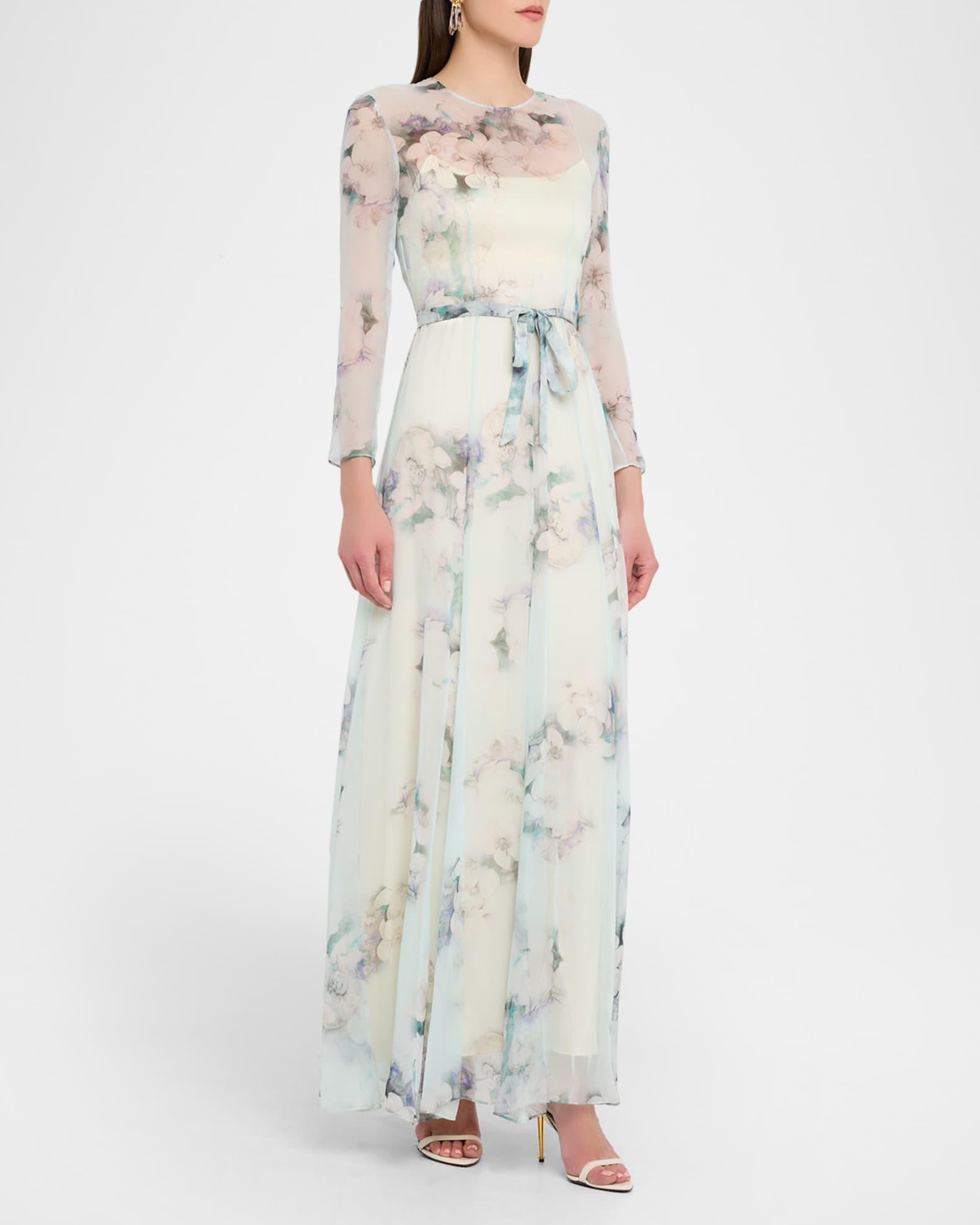 Floral-Print Chiffon Long-Sleeve Maxi Dress Product Image