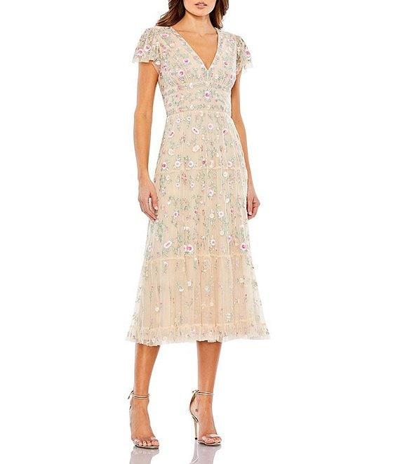 Mac Duggal Short Flutter Sleeve Plunge V-Neck Floral Print A-Line Dress Product Image