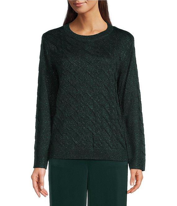 Calvin Klein Metallic Cable Knit Crew Neck Long Sleeve Top Product Image