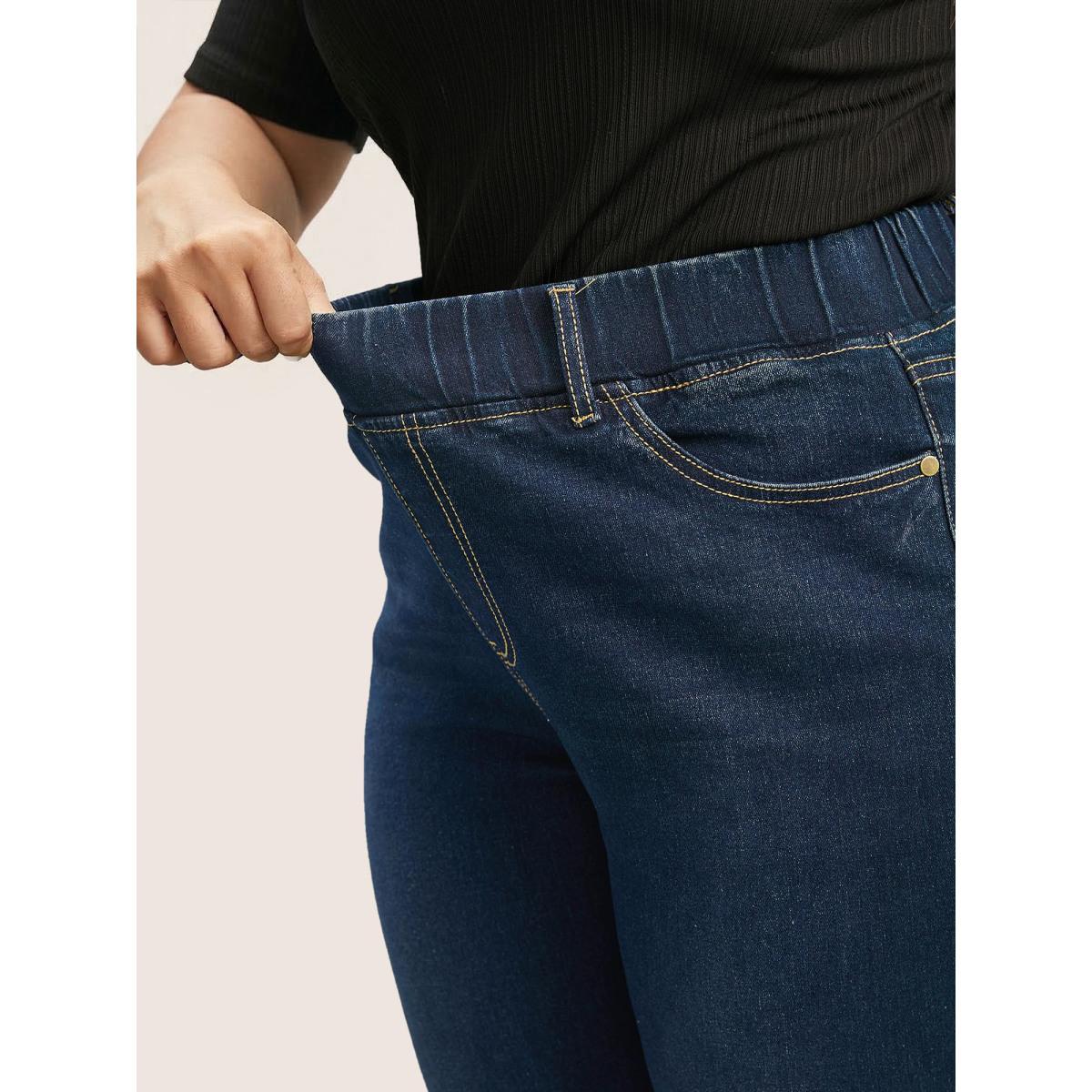 Plus Size Solid Elastic Waist Pocket Full Length Jeans Women Indigo Timeless Plain Elastic Waist High stretch Slanted pocket Jeans BloomChic 10/M Product Image