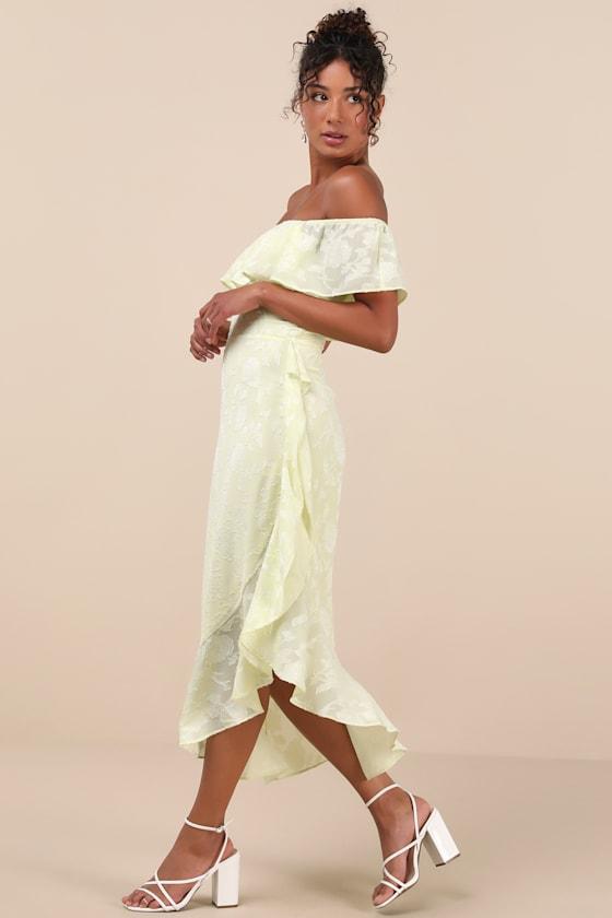 Pretty Perfect Yellow Burnout Floral Off-the-Shoulder Midi Dress Product Image