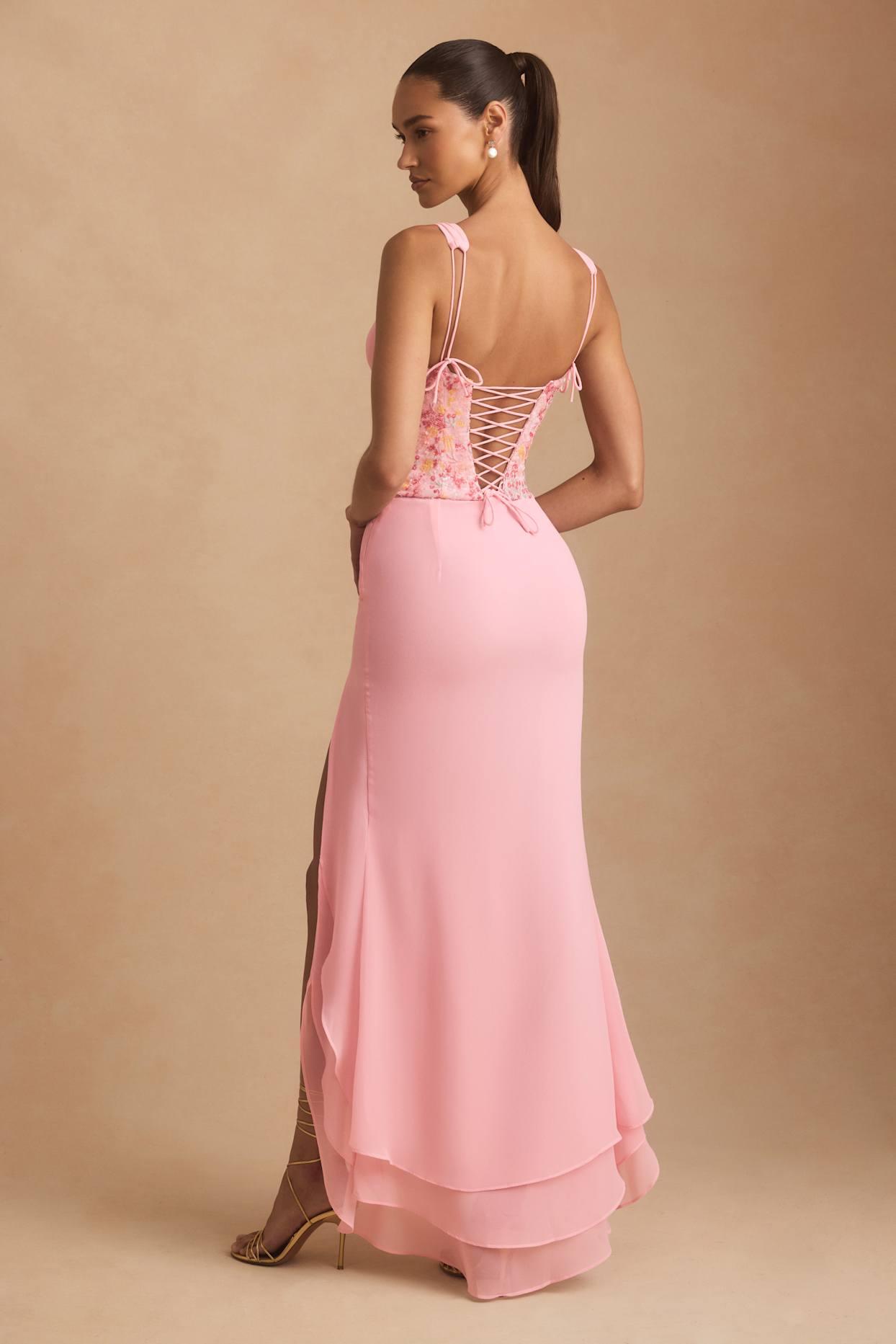 Embellished Plunge Ruffled Corset Maxi Dress in Pink Product Image