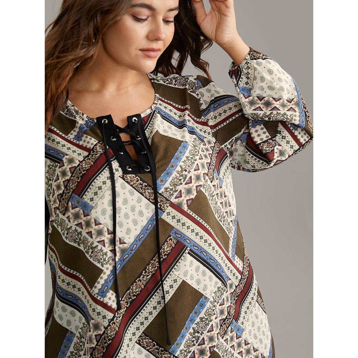 Plus Size Scarlet Moroccan Print Lace Up Lantern Sleeve Blouse Women Vacation Long Sleeve Tie Neck Vacation Blouses BloomChic 10/M Product Image