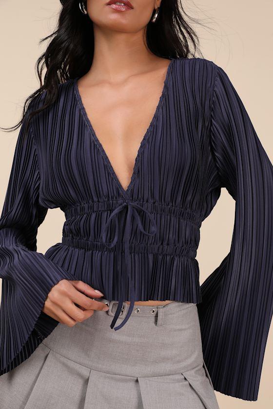 Staying Optimistic Navy Pleated Bell Sleeve Top Product Image