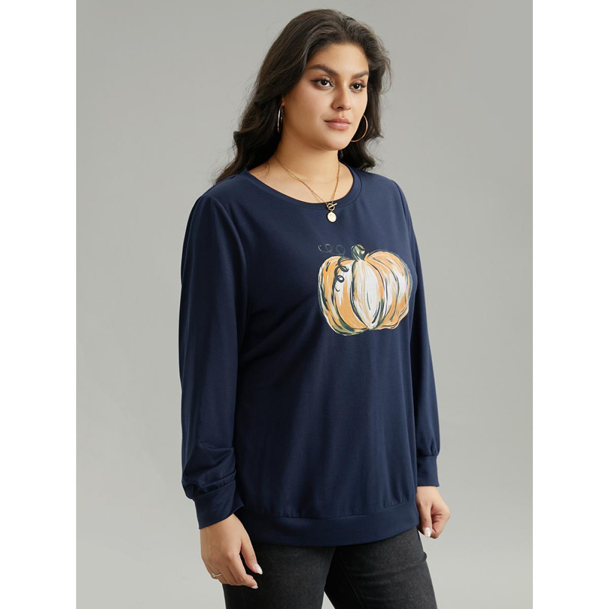 Plus Size Round Neck Pumpkin Print Sweatshirt Women Indigo Casual Printed Dailywear Sweatshirts BloomChic 12/L Product Image