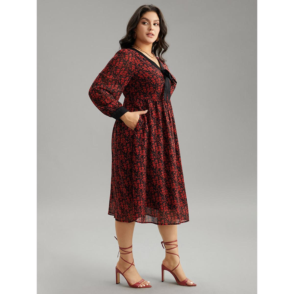 Plus Size Ditsy Floral Patchwork Elastic Waist Ties Dress Black Women Vacation Cross straps Tie Neck Long Sleeve Curvy Midi Dress BloomChic 28/5X Product Image