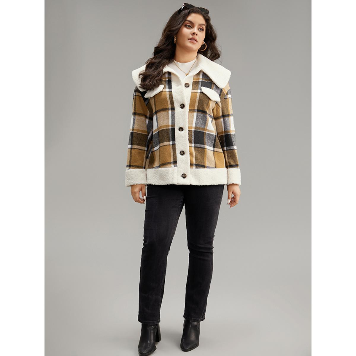Plus Size Plaid Contrast Patchwork Button Through Jacket Women Chocolate Contrast Dailywear Jackets BloomChic 26/4X Product Image