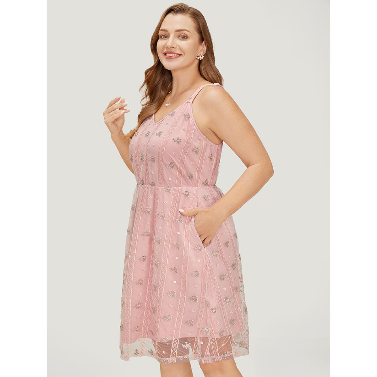 Plus Size Floral Embroidered Mesh Pocket Cami Dress MistyRose Women Glamour Lined Spaghetti Strap Sleeveless Curvy Knee Dress BloomChic 26/4X Product Image