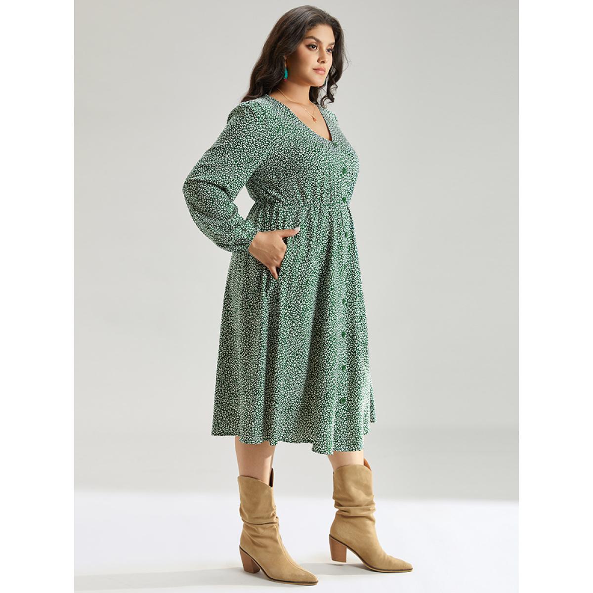 Plus Size Leopard Print Elastic Cuffs Button Detail Dress Green Women Elegant Elastic cuffs V-neck Long Sleeve Curvy Midi Dress BloomChic 18-20/2X Product Image