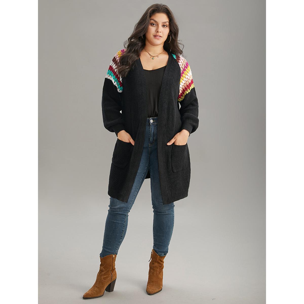 Plus Size Rainbow Embroidered Raglan Sleeve Open Front Cardigan Black Women Casual Loose Long Sleeve Dailywear Cardigans BloomChic 14-16/1X Product Image