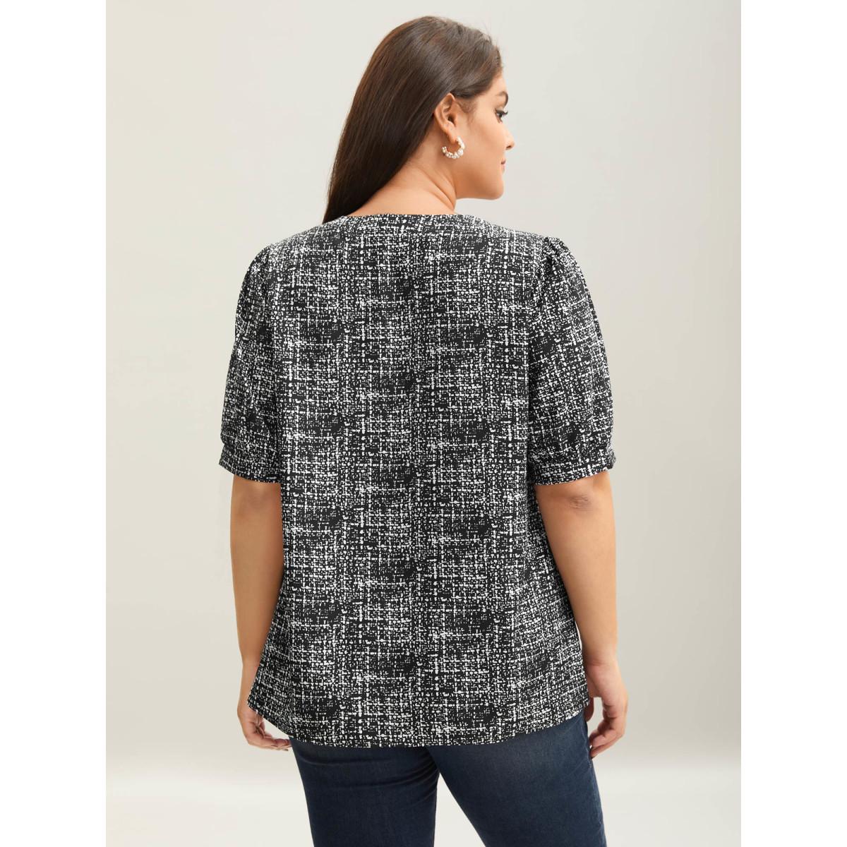 Plus Size Black Geometric Print Puff Sleeve Blouse Women Office Short sleeve Flat collar with V-notch Office Blouses BloomChic 30/6X Product Image