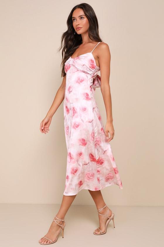 Easily Radiant Pink Floral Print Tie-Back Midi Dress Product Image