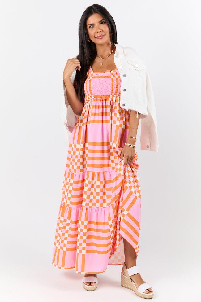 Get The Check Pink and Orange Printed Checkered Maxi Dress Product Image