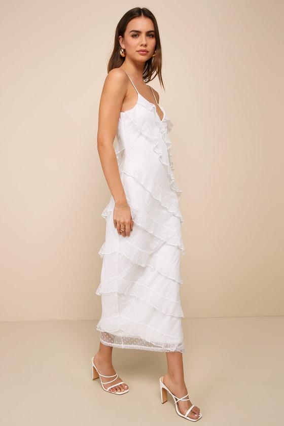 More Than Gorgeous White Mesh Ruffled Swiss Dot Midi Dress Product Image