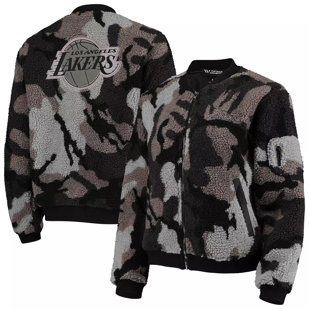 Women's The Wild Collective Black Los Angeles Lakers Camo Sherpa Full-Zip Bomber Jacket,  Product Image