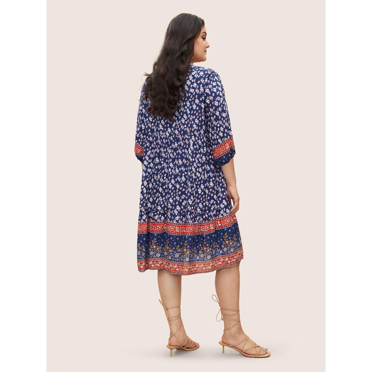 Plus Size Bandana Tassels Lantern Sleeve Ruffle Pocket Keyhole Neck Dress Blue Women Resort V-neck Elbow-length sleeve Curvy Midi Dress BloomChic 28/5X Product Image