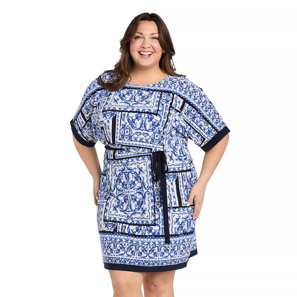 Plus Size R&M Richards Double Border Puff Print Jersey Dress, Women's, Size: 22 W, White Blue Product Image