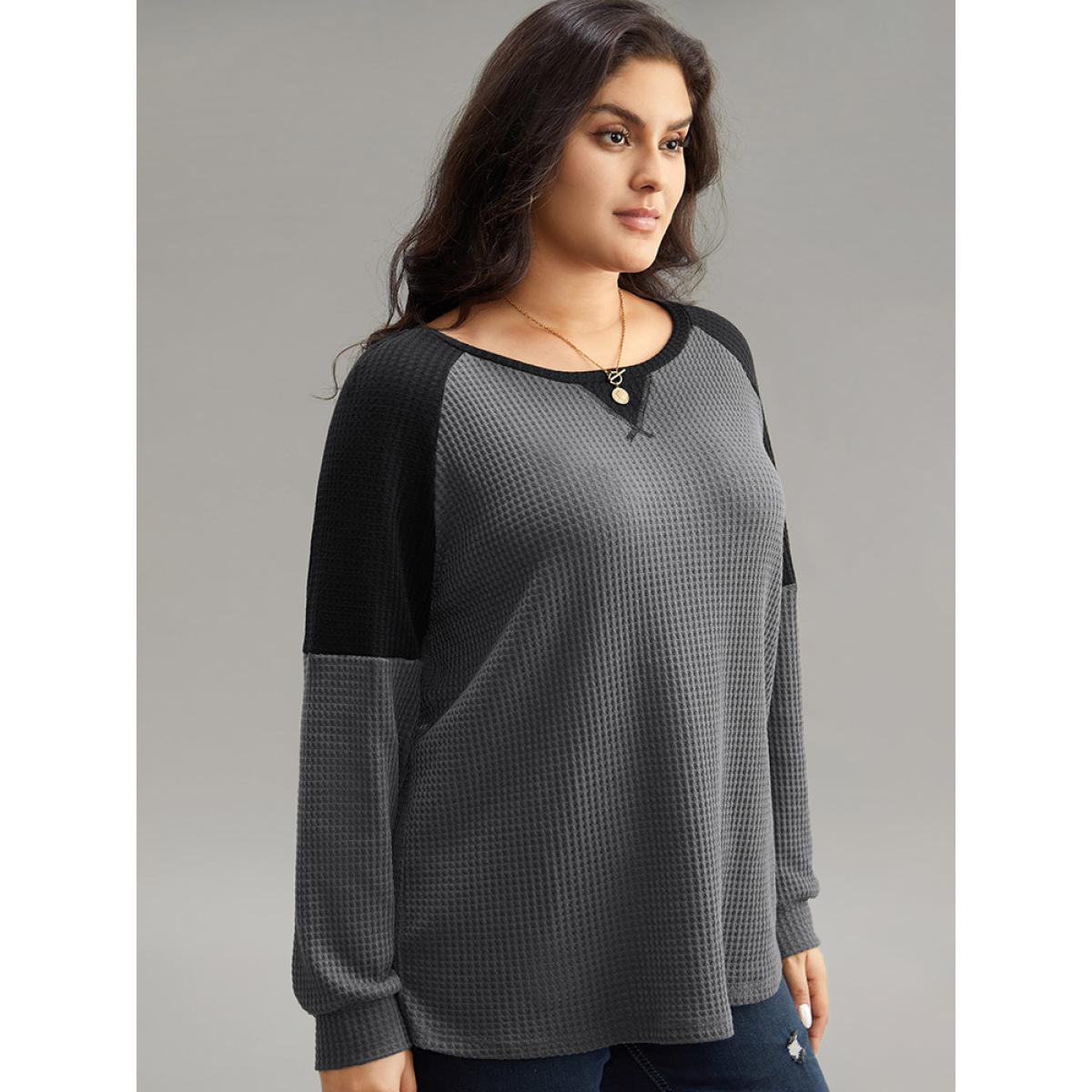 Plus Size Waffle Knit Contrast Patchwork T-shirt Gray Women Casual Contrast Plain Round Neck Everyday T-shirts BloomChic 10/M Product Image