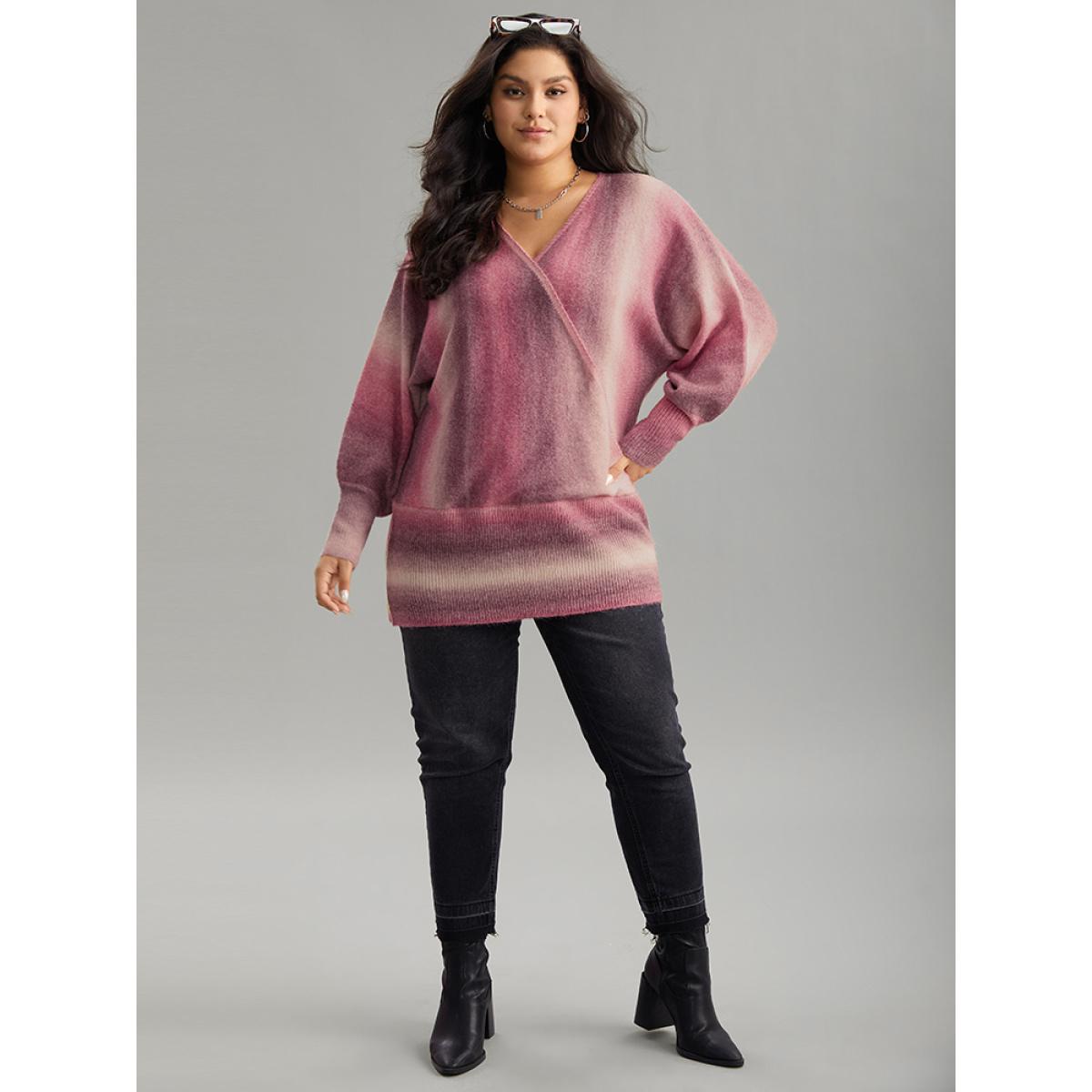 Plus Size Ombre Surplice Neck Elastic Hem Pullover Multicolor Women Casual Loose Long Sleeve V-neck Dailywear Pullovers BloomChic 14-16/1X Product Image