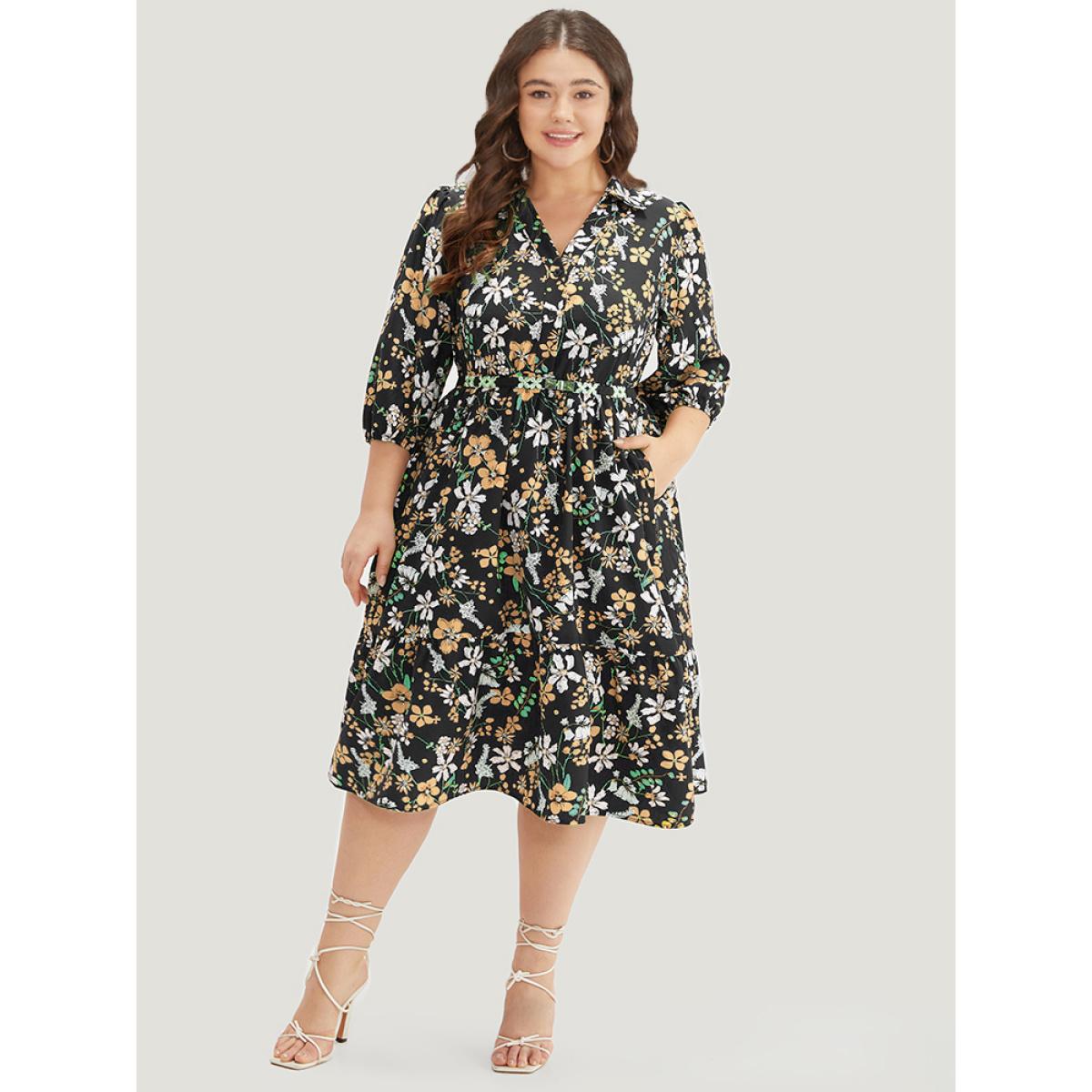 Plus Size Floral Print Shirt Collar Ruffled Hem Dress Black Women Elegant Elastic cuffs Shirt collar Elbow-length sleeve Curvy Midi Dress BloomChic 22-24/3X Product Image