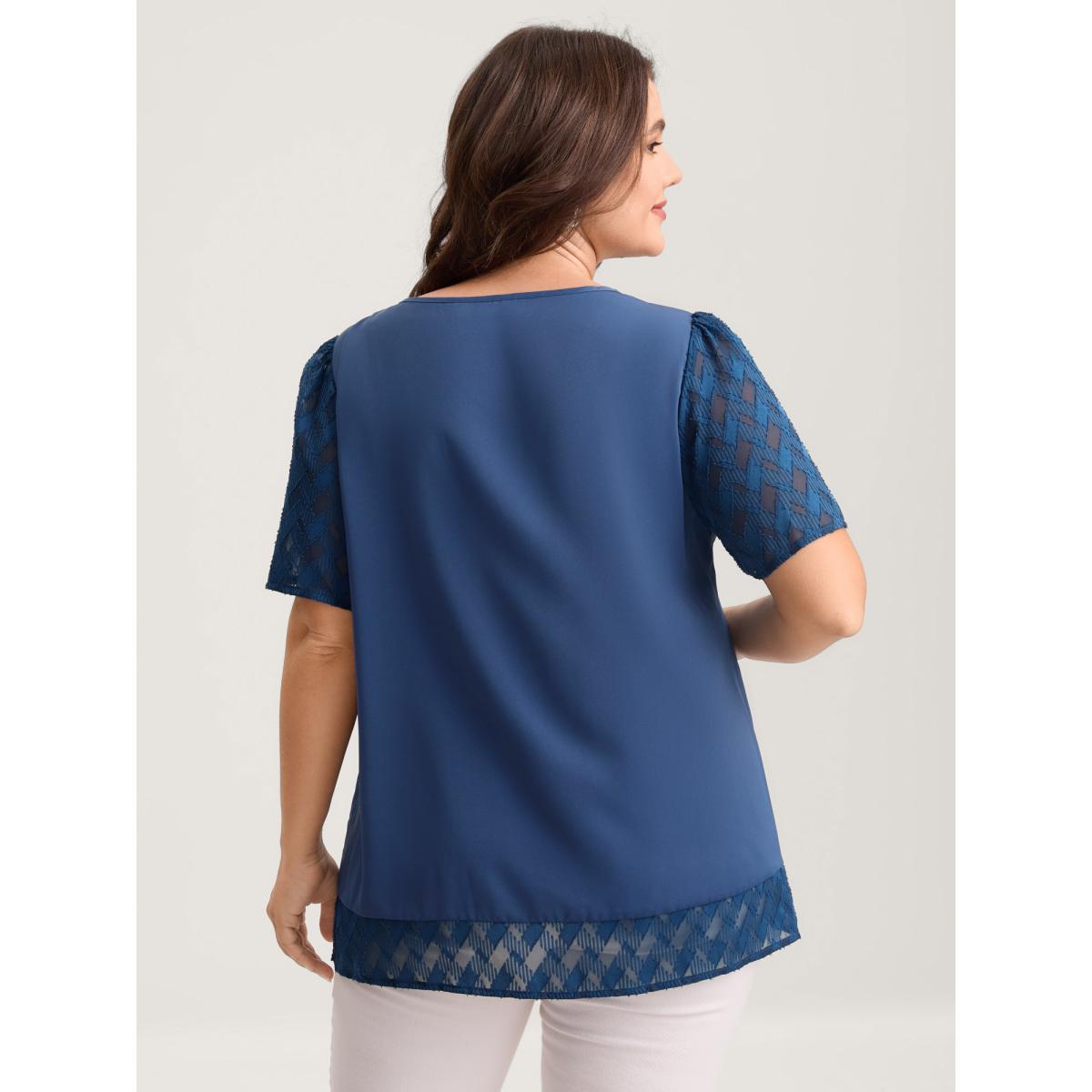 Plus Size Navy Textured Overlap Hem Sheer Blouse Women Short sleeve Round Neck Work Blouses BloomChic 26/4X Product Image