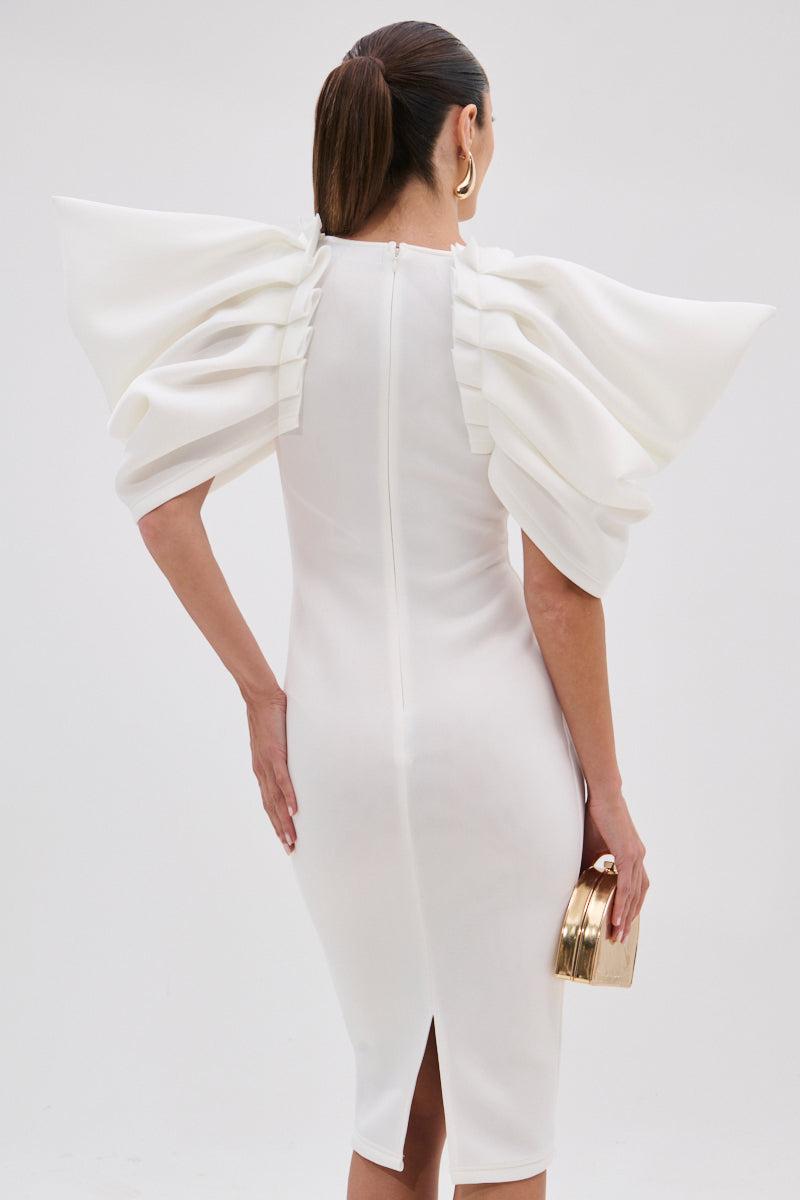 PURE JOY MIDI DRESS WITH DRAMATIC SLEEVE IN WHITE Product Image