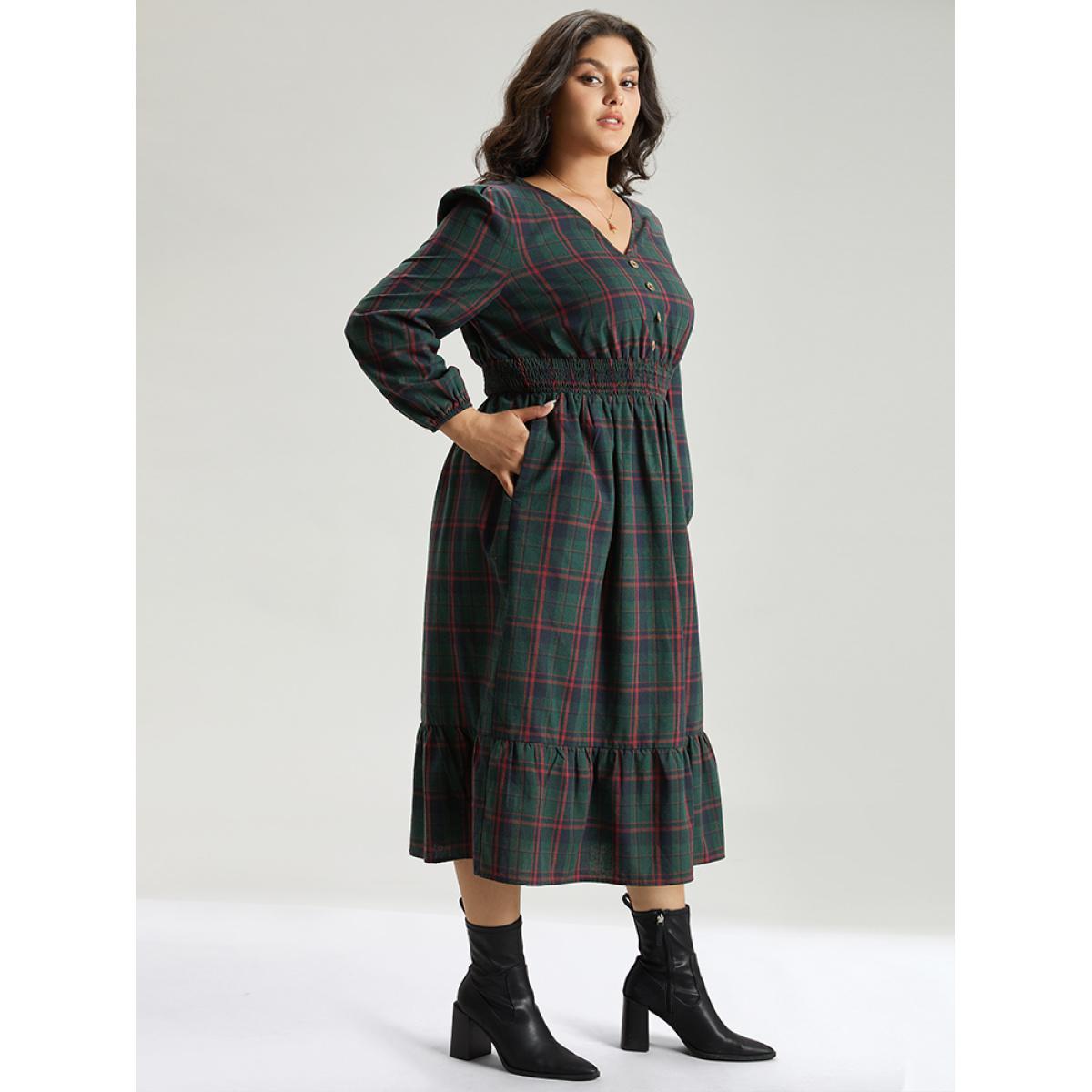 Plus Size Plaid Shirred Button Detail Ruffle Hem Dress Multicolor Women Office Elastic cuffs V-neck Long Sleeve Curvy Midi Dress BloomChic 18-20/2X Product Image