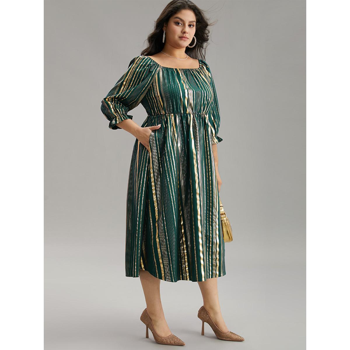 Plus Size Glitter Square Neck Pocket Elastic Waist Dress Cyan Women Party Gathered Square Neck Elbow-length sleeve Curvy Midi Dress BloomChic 10/M Product Image